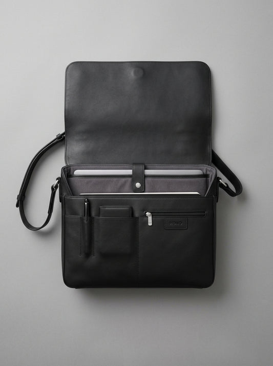 Black Leather Messenger Bag for Men – Minimalist Crossbody Work Bag