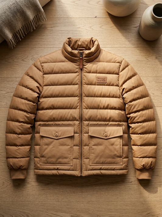 Heritage & Hide Men's Insulated Puffer Jacket – Camel Tan Baffle Quilted Winter Coat