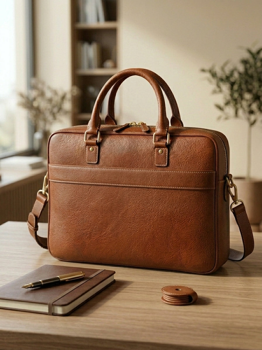 Premium Brown Leather Laptop Briefcase | Classic Office & Business Bag