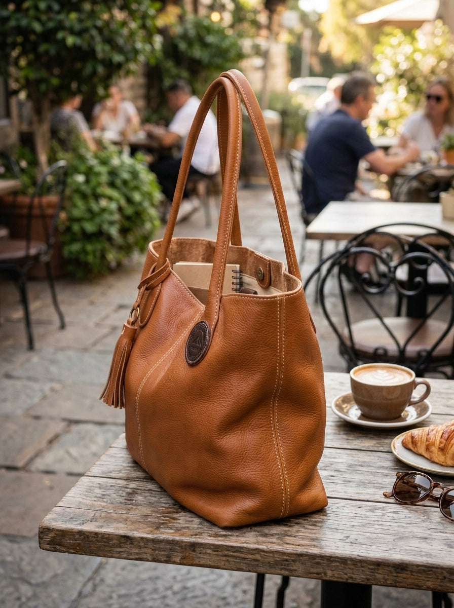 Heritage And Hide Genuine Pebbled Leather Tote Bag – Handcrafted Cognac Brown Slouchy Shoulder Hobo & Shopper