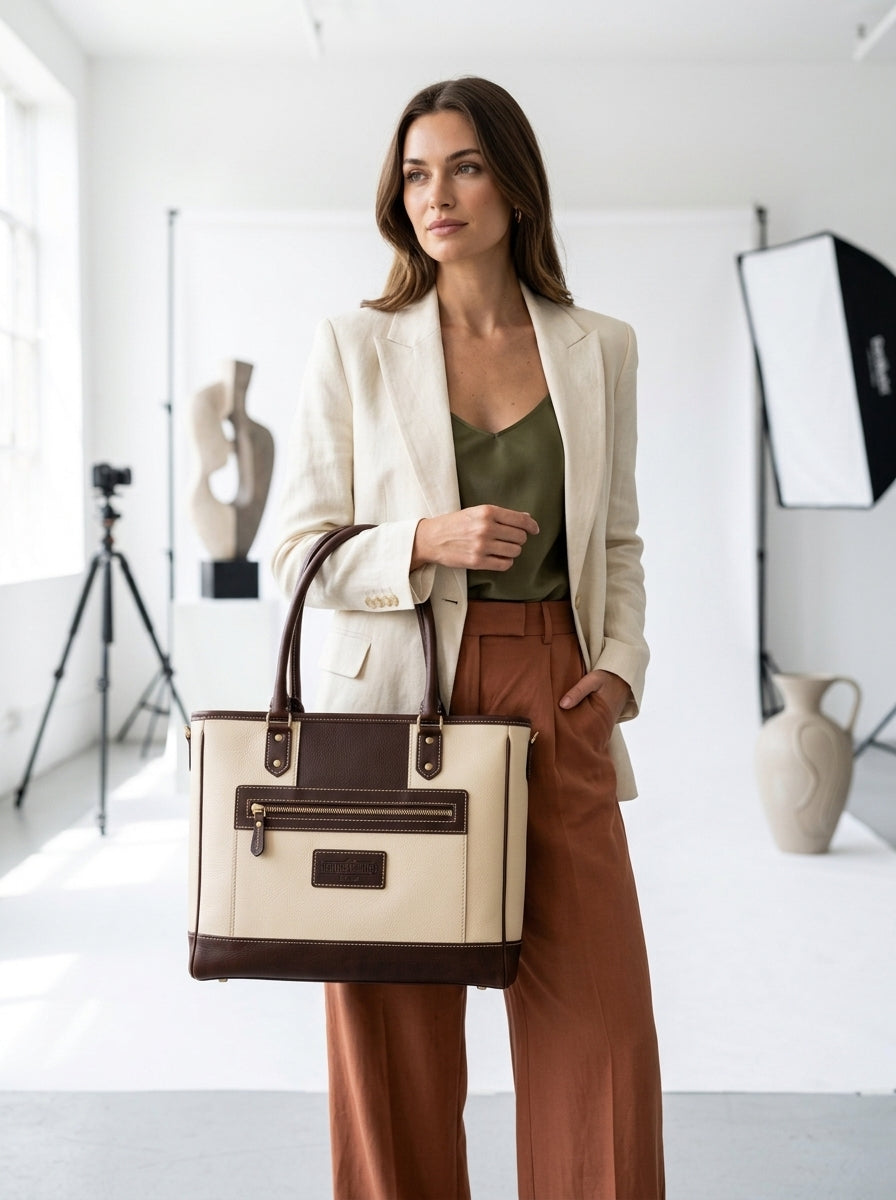 Heritage And Hide Two-Tone Leather Tote Bag – Handcrafted Cream & Dark Brown Laptop Shoulder Bag