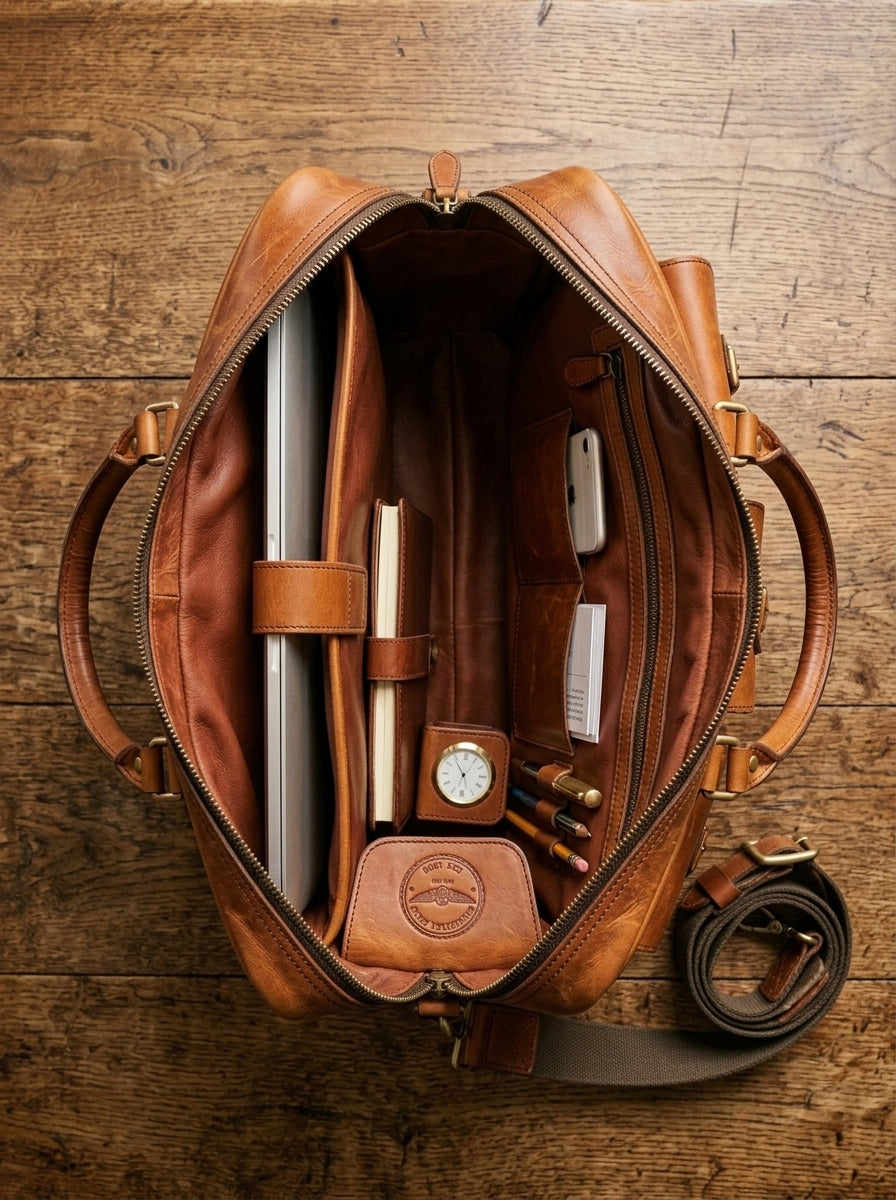 The Aviator Cognac Tan Leather Attache – Multi-Pocket Executive Laptop Holdall