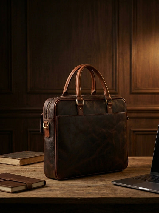 Premium Dark Brown Leather Laptop Briefcase | Executive Business Bag