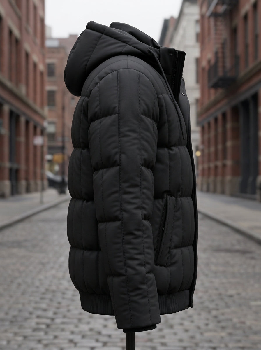 Heritage And Hide Men's Hooded Puffer Bomber Jacket – Matte Black Insulated Winter Coat