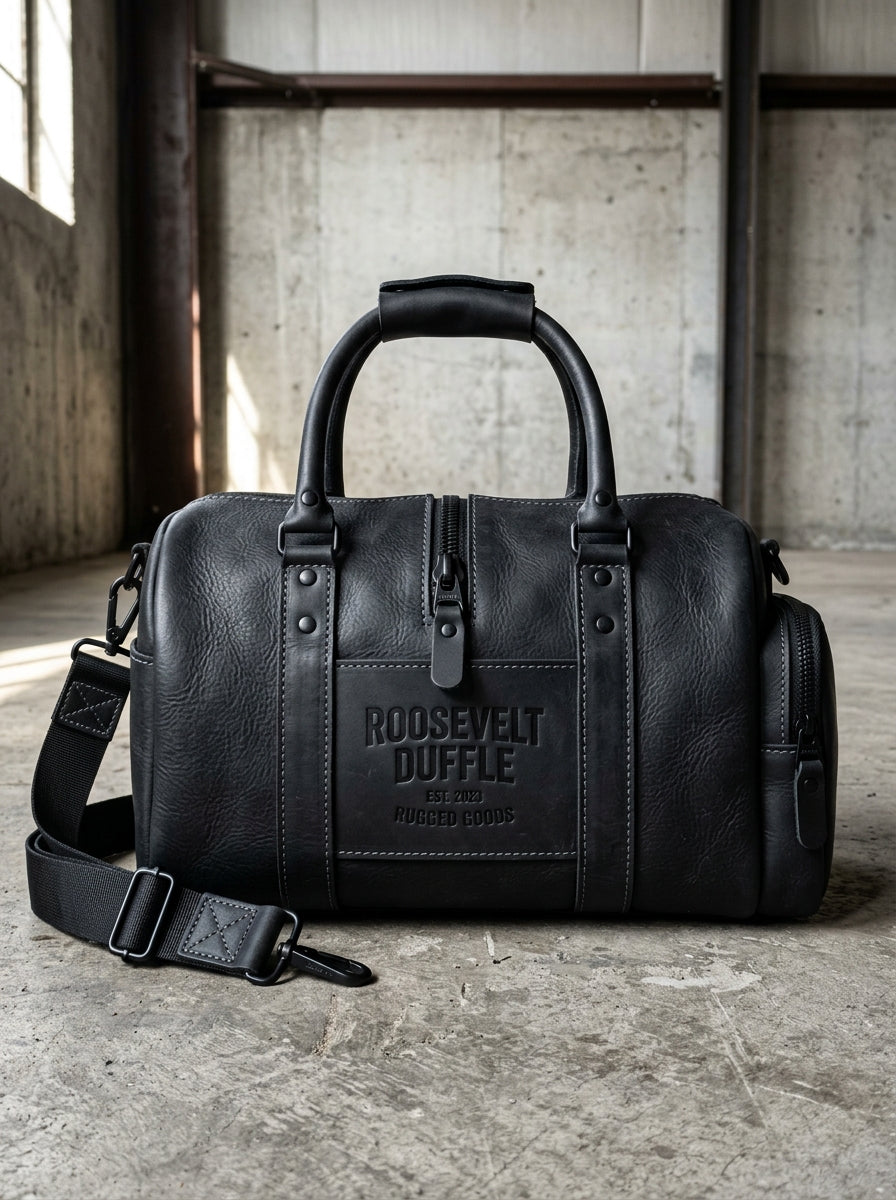 Roosevelt Duffle Matte Black Leather Travel Bag – Tactical Gym & Weekender Holdall