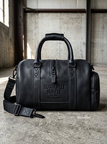 Roosevelt Duffle Matte Black Leather Travel Bag – Tactical Gym & Weekender Holdall