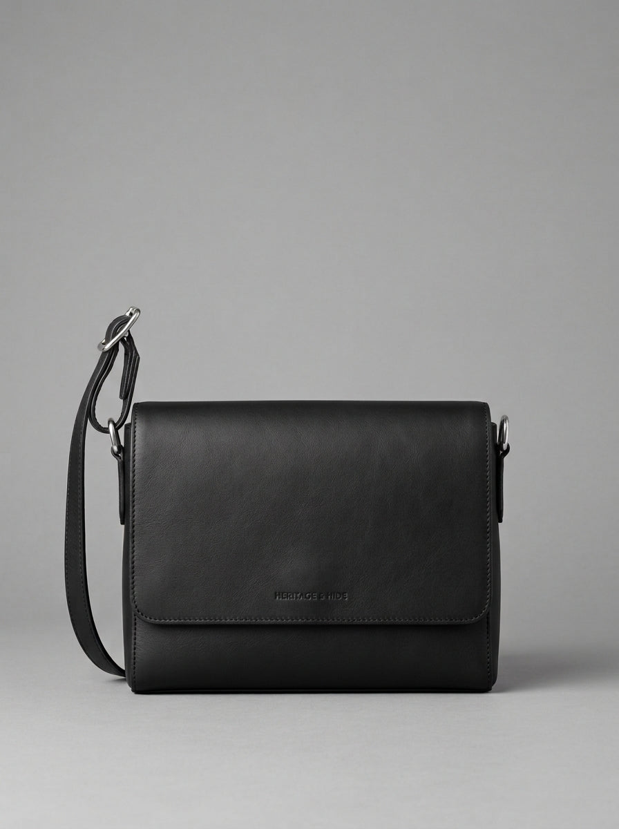 Black Leather Messenger Bag for Men – Minimalist Crossbody Work Bag