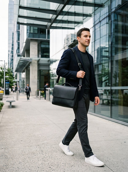 Black Leather Messenger Bag for Men – Minimalist Crossbody Work Bag