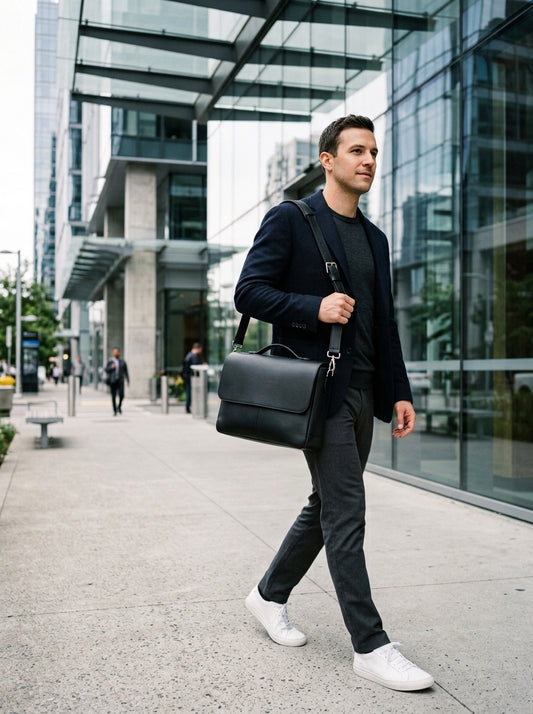 Black Leather Messenger Bag for Men – Minimalist Crossbody Work Bag