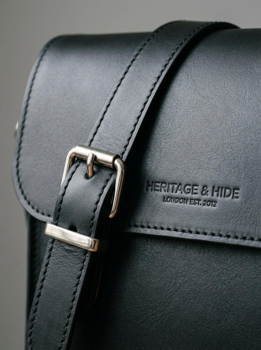 Black Leather Messenger Bag for Men – Minimalist Crossbody Work Bag