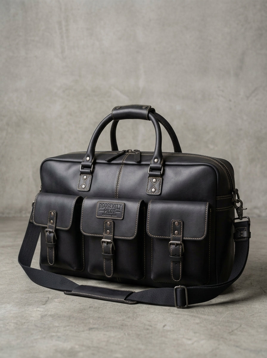 Roosevelt Pilot Handcrafted Black Leather Pilot Briefcase & Holdall