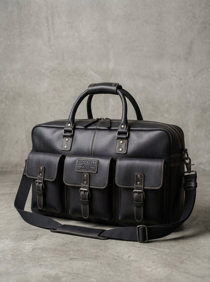 Roosevelt Pilot Handcrafted Black Leather Pilot Briefcase & Holdall
