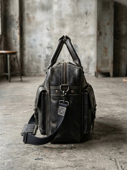 Roosevelt Pilot Handcrafted Black Leather Pilot Briefcase & Holdall