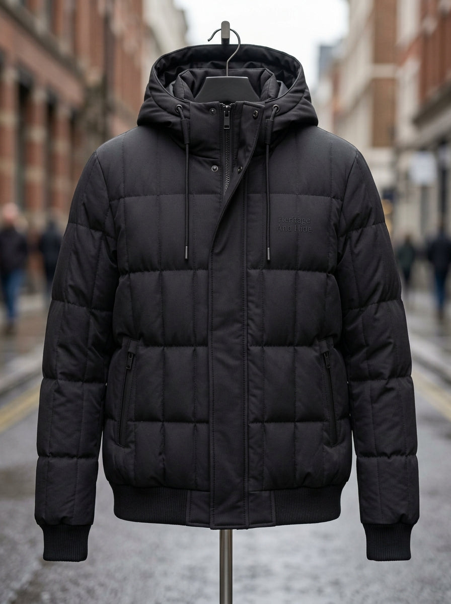 Heritage And Hide Men's Hooded Puffer Bomber Jacket – Matte Black Insulated Winter Coat