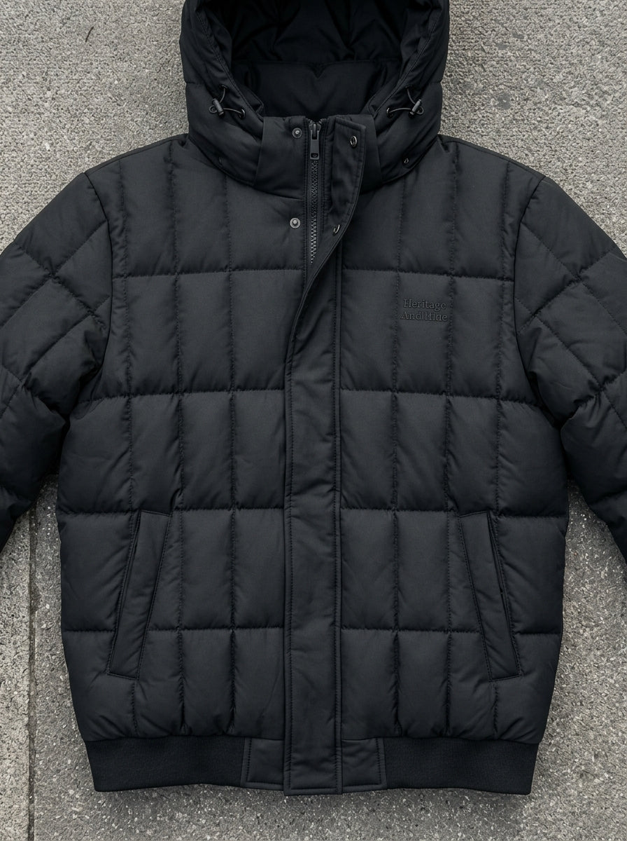 Heritage And Hide Men's Hooded Puffer Bomber Jacket – Matte Black Insulated Winter Coat