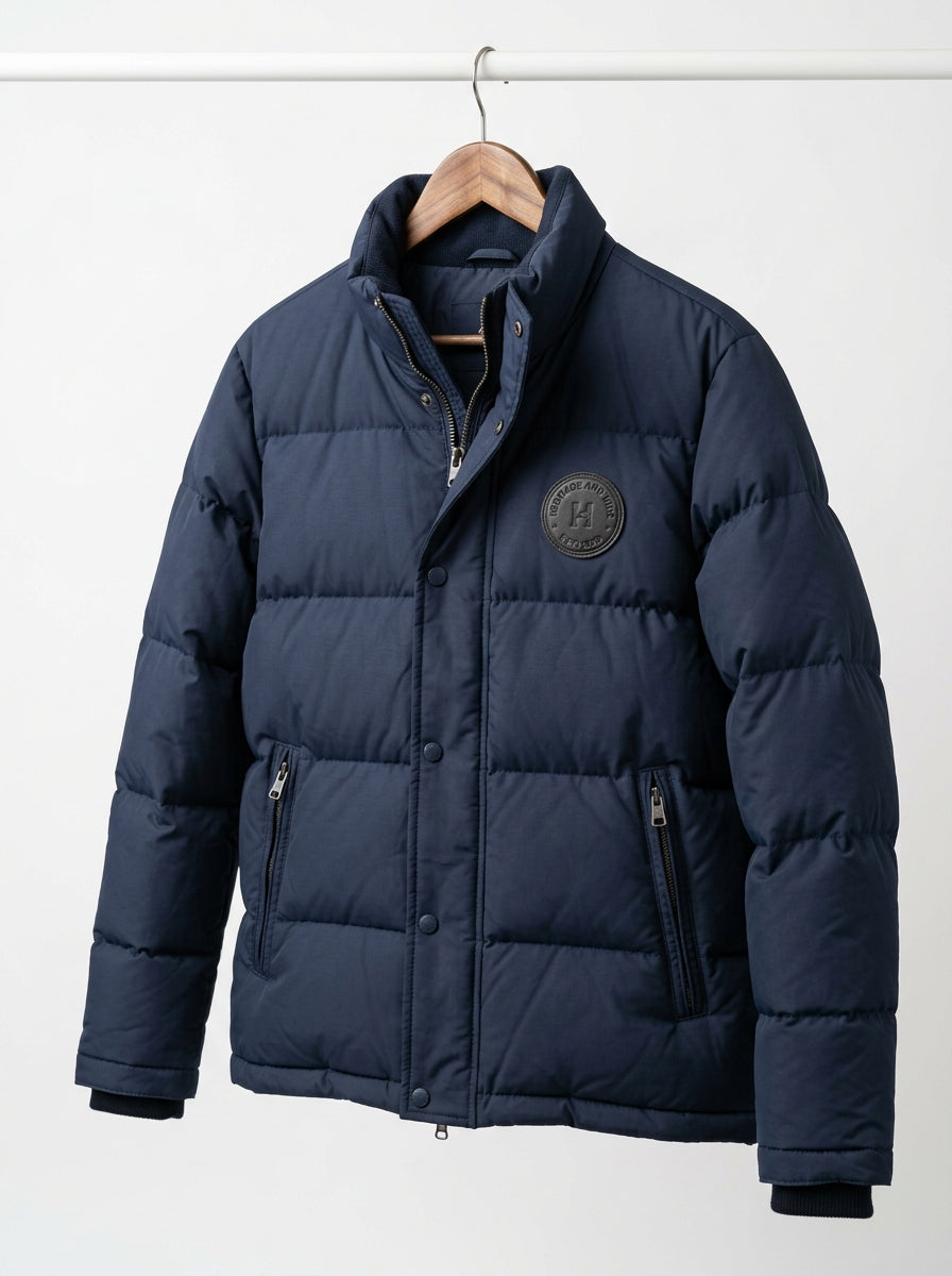 Heritage & Hide Men's Puffer Jacket – Insulated Navy Blue Down Winter Coat