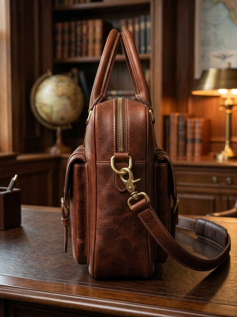 The Roosevelt Aviator Handcrafted Leather Work Bag – Rich Cognac Brown