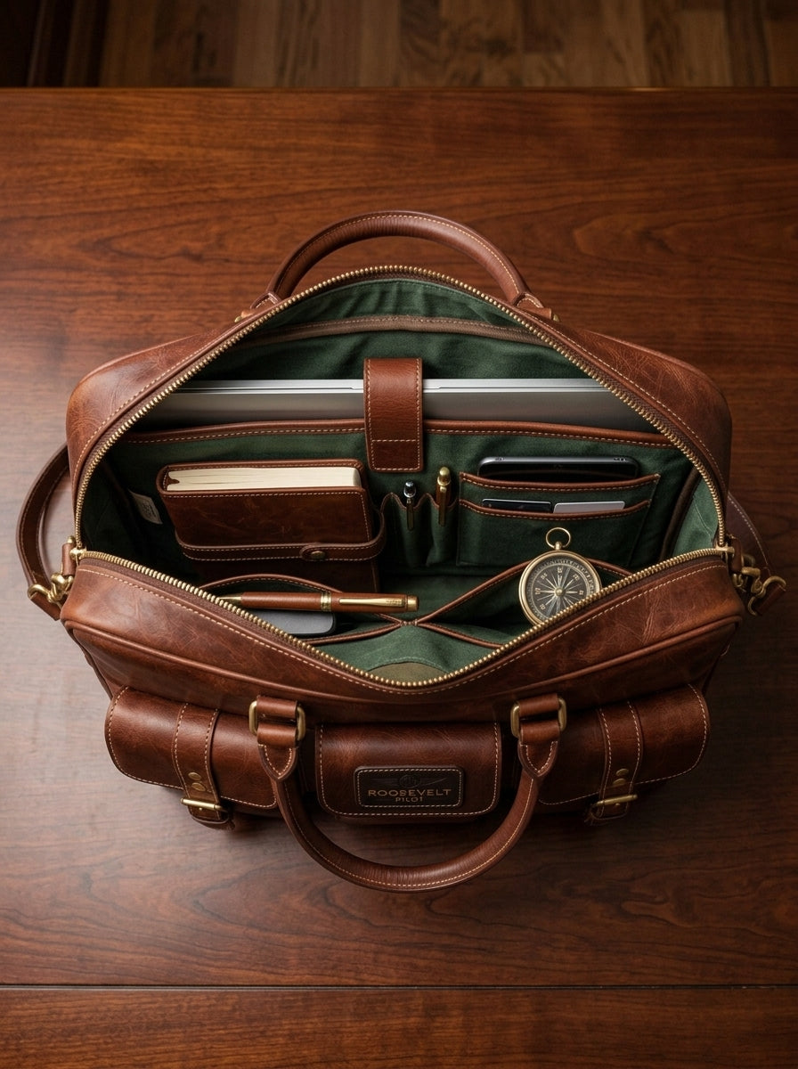 The Roosevelt Aviator Handcrafted Leather Work Bag – Rich Cognac Brown