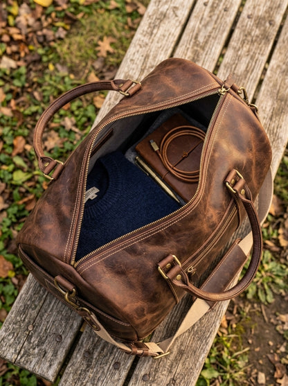 The Classic Leather Barrel Duffle – Handcrafted Dark Walnut Travel Holdall