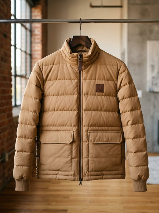Heritage & Hide Men's Insulated Puffer Jacket – Camel Tan Baffle Quilted Winter Coat