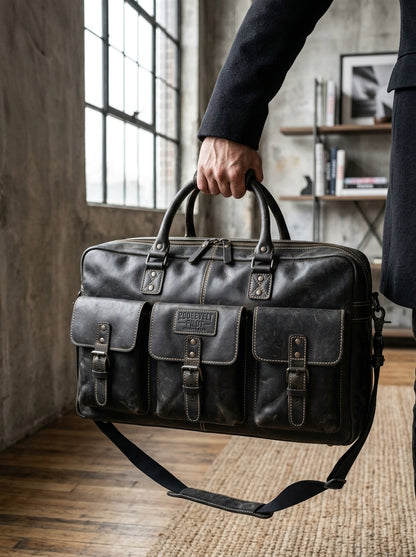 Roosevelt Pilot Handcrafted Black Leather Pilot Briefcase & Holdall