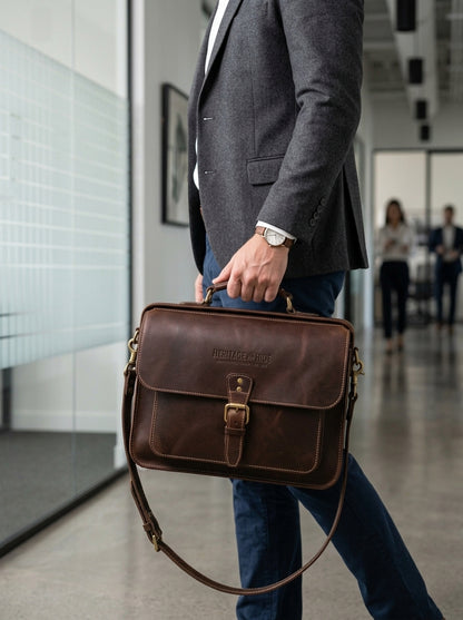 The Executive Leather Flap Briefcase – Handcrafted Dark Walnut Satchel
