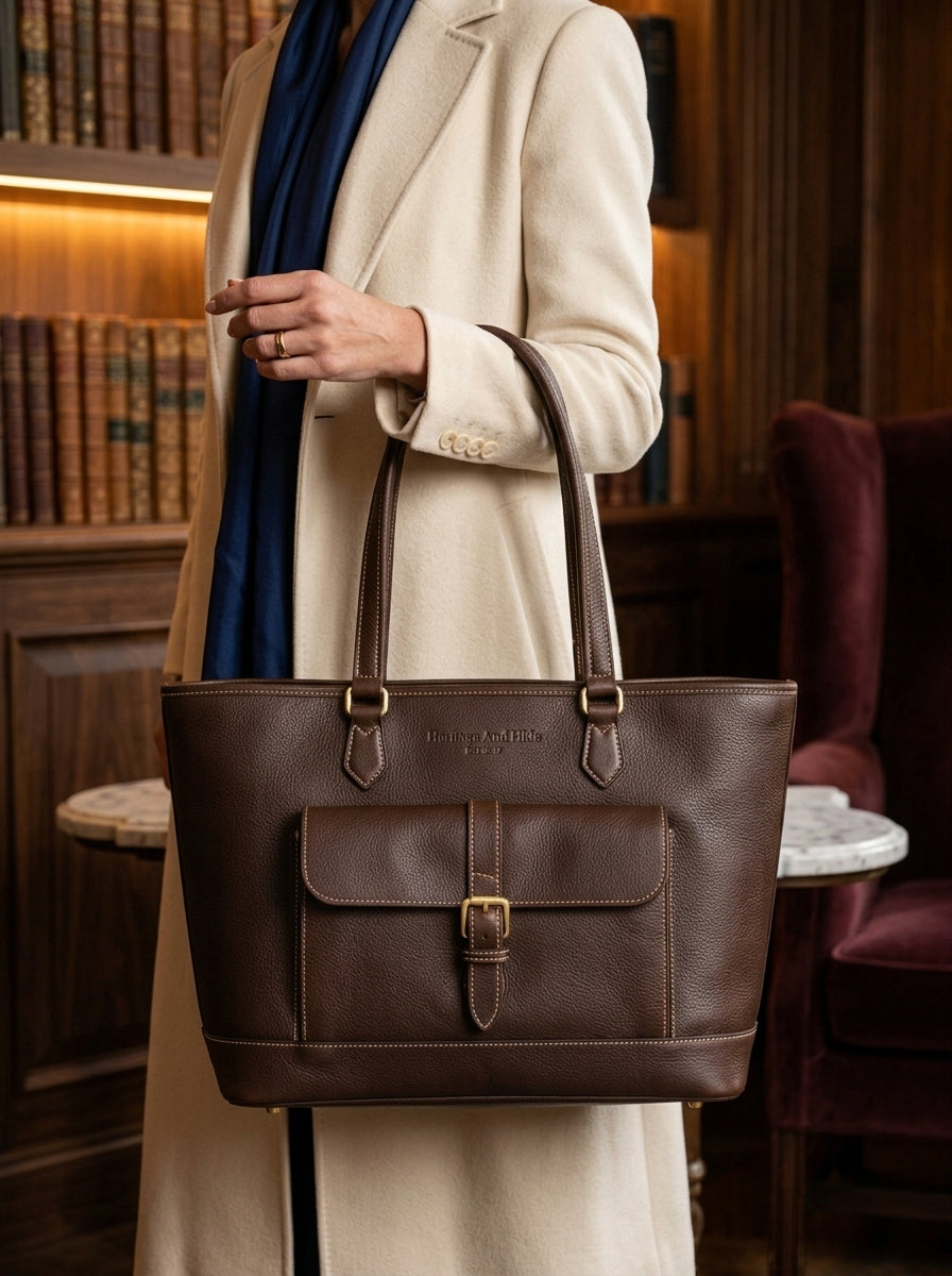 Heritage And Hide Pebbled Leather Tote Bag – Handcrafted Dark Espresso Laptop Shoulder Bag & Work Tote
