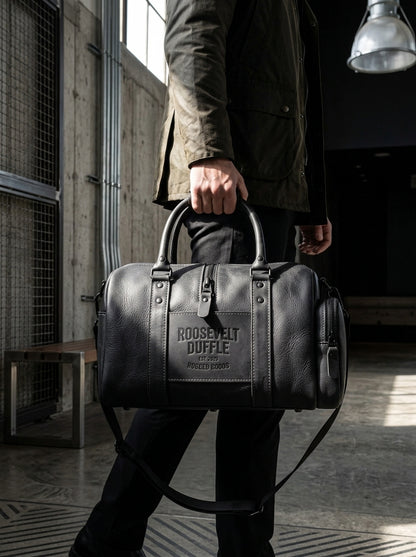 Roosevelt Duffle Matte Black Leather Travel Bag – Tactical Gym & Weekender Holdall