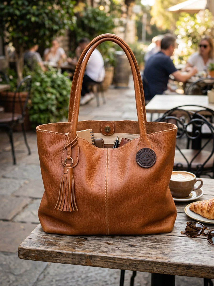 Heritage And Hide Genuine Pebbled Leather Tote Bag – Handcrafted Cognac Brown Slouchy Shoulder Hobo & Shopper