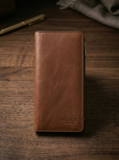 Premium Leather Travel Wallet | Large Zipper Travel Organizer