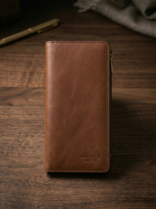 Premium Leather Travel Wallet | Large Zipper Travel Organizer