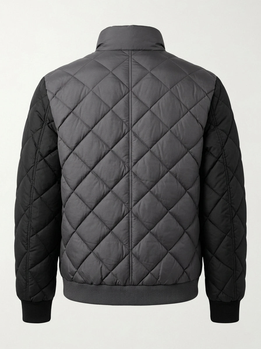 Heritage And Hide Men's Diamond Quilted Bomber Jacket – Two-Tone Charcoal & Black Insulated Winter Coat