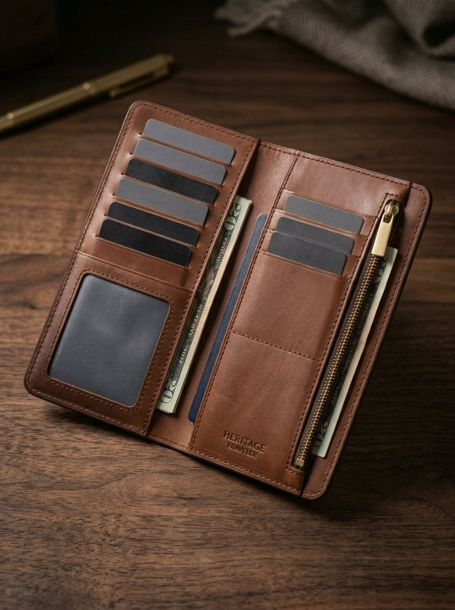 Premium Leather Travel Wallet | Large Zipper Travel Organizer