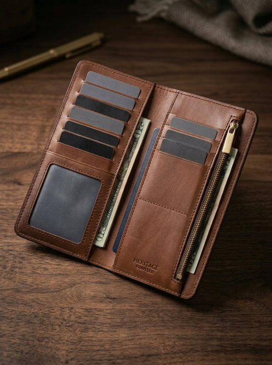 Premium Leather Travel Wallet | Large Zipper Travel Organizer