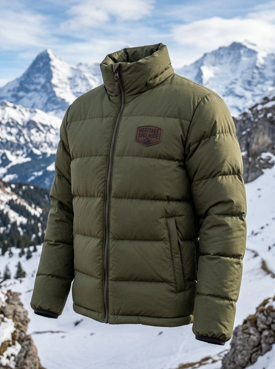 Heritage & Hide Men's Alpine Puffer Jacket – Insulated Olive Green Down Winter Coat