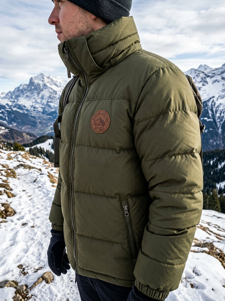 Heritage & Hide Men's Alpine Puffer Jacket – Insulated Olive Green Down Winter Coat