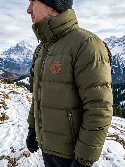 Heritage & Hide Men's Alpine Puffer Jacket – Insulated Olive Green Down Winter Coat