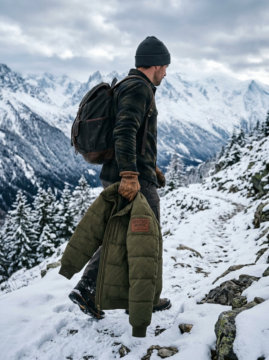 Heritage & Hide Men's Alpine Puffer Jacket – Insulated Olive Green Down Winter Coat