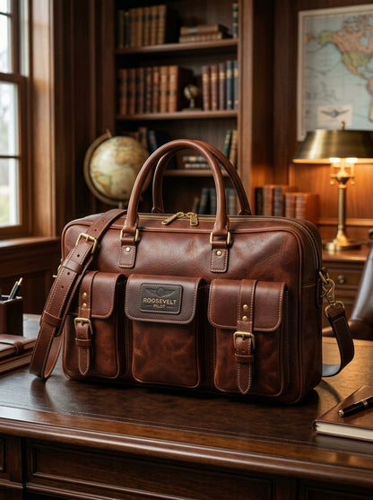 The Roosevelt Aviator Handcrafted Leather Work Bag – Rich Cognac Brown