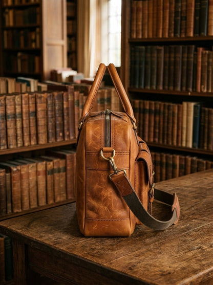 The Aviator Cognac Tan Leather Attache – Multi-Pocket Executive Laptop Holdall