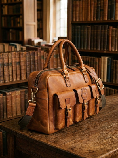 The Aviator Cognac Tan Leather Attache – Multi-Pocket Executive Laptop Holdall