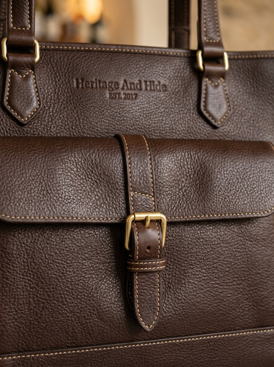 Heritage And Hide Pebbled Leather Tote Bag – Handcrafted Dark Espresso Laptop Shoulder Bag & Work Tote