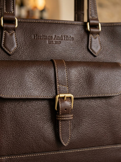 Heritage And Hide Pebbled Leather Tote Bag – Handcrafted Dark Espresso Laptop Shoulder Bag & Work Tote