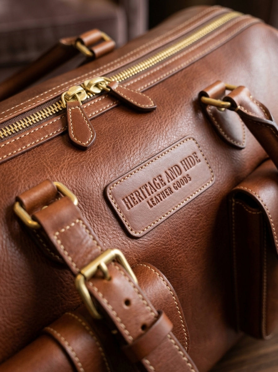 Heritage And Hide Handcrafted Leather Duffel Bag – Cognac Tan Multi-Pocket Weekender & Travel Holdall