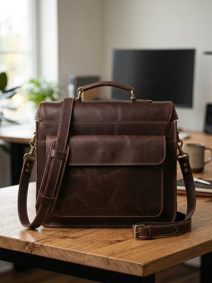 The Executive Leather Flap Briefcase – Handcrafted Dark Walnut Satchel
