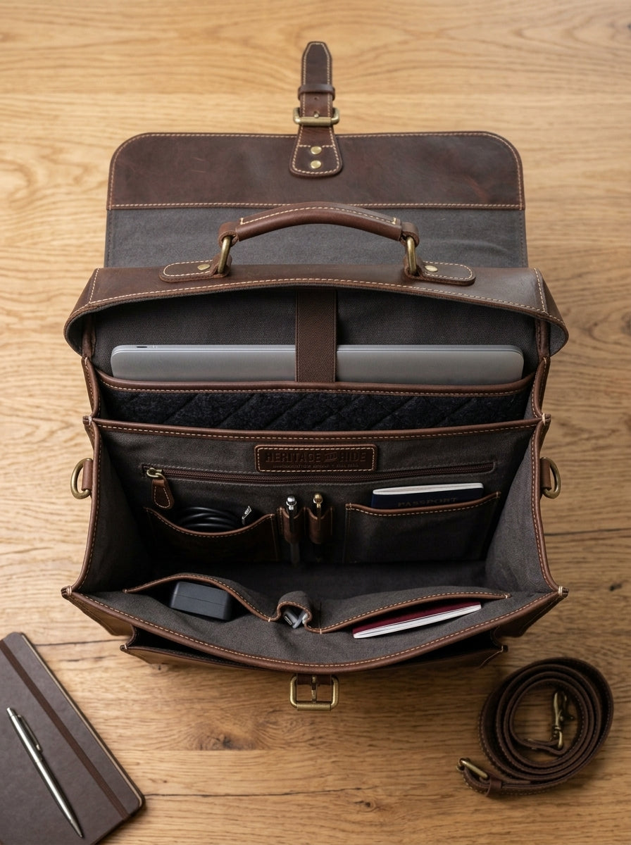 The Executive Leather Flap Briefcase – Handcrafted Dark Walnut Satchel