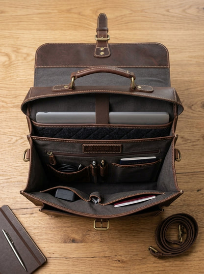 The Executive Leather Flap Briefcase – Handcrafted Dark Walnut Satchel