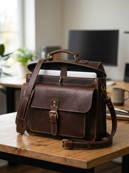 The Executive Leather Flap Briefcase – Handcrafted Dark Walnut Satchel