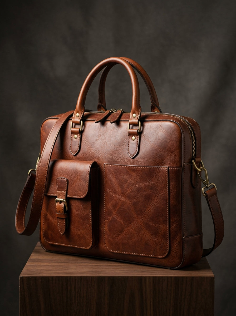 Premium Vintage Leather Laptop Bag | Multi-Compartment Business Briefcase