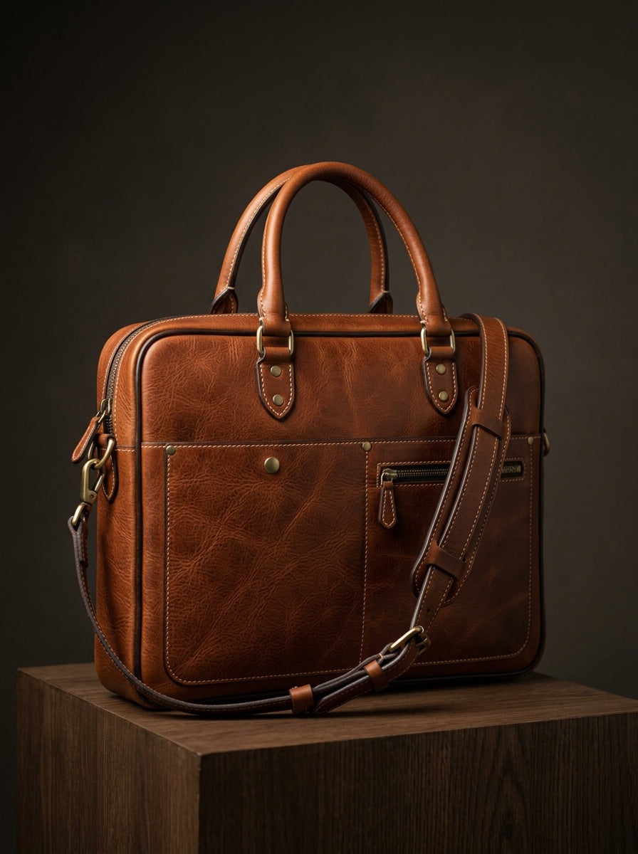 Premium Vintage Leather Laptop Bag | Multi-Compartment Business Briefcase